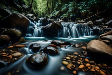 Close up view of a stream of water with rocks in the background. Ideal for nature and outdoor...