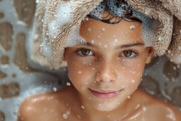 Fototapeta na wymiar A cute child with captivating eyes enjoys a playful moment in a bubble bath, embodying innocence
