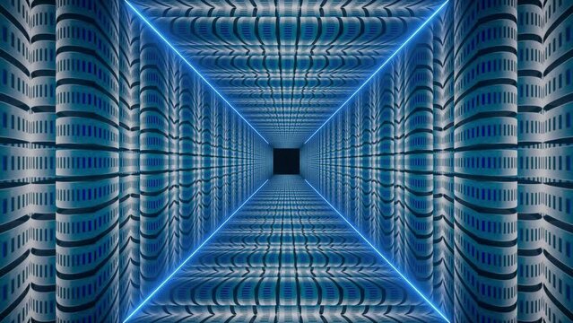 industrial animation with small rectangle pattern on walls and neon glowing lines draw around tunnel zoom