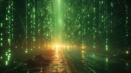 Fototapeta na wymiar Green matrix code Showing on dark screen technology background