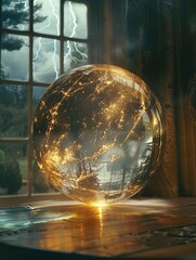 Crystal Orb pulsing with energy, Large glass sphere glows with a golden luminescence, reflecting a network of city lights. The turbulent weather outside of window frame a stormy sky visible lightning.