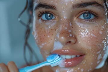 Photo of a young woman with freckles, brushing her teeth in the shower, embodying health and multitasking
