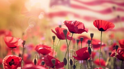 Field of red poppy with american flag on background