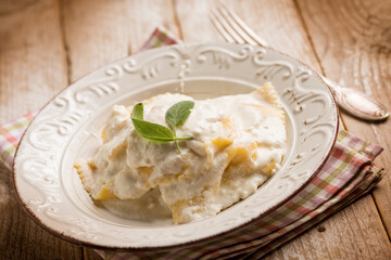 italian ravioli with cheese fresh cream and sage - 758003672