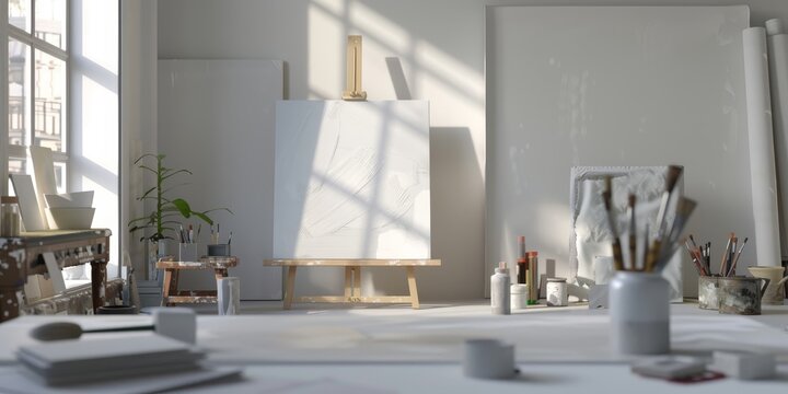 A white room with a large white canvas on a wooden easel