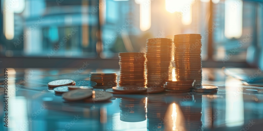 Poster a stack of coins on a table with a reflection of the city in the background
