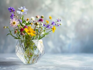 Bouquet of wildflowers in glass vase on light background
