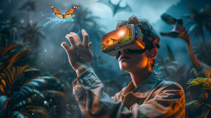 Fototapeta na wymiar A guy wearing virtual reality goggles immersed in a world before historical dinosaurs reaches out to flying butterflies and enjoys the virtual world