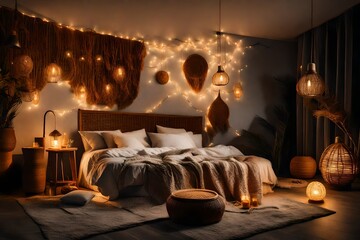 Interior of cozy bedroom with soft blankets on comfortable bed, wicker pouf and glowing lamps at night