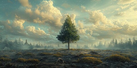 A lone tree, resilient in a cleared landscape, embodies hope and renewal under a soft pastel sky. - obrazy, fototapety, plakaty