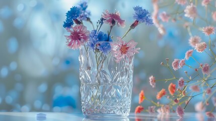 Colorful cornflowers in glass vase on blue background