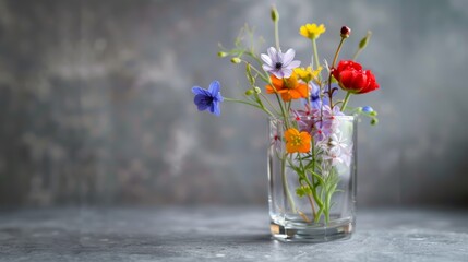 Colorful wildflowers in glass vase on gray background