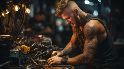 Experienced mechanic meticulously fixing car in his workshop to ensure peak performance