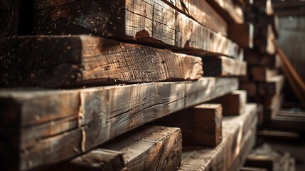 A close-up shot of stacked wooden beams in a dimly lit warehouse, highlighting the texture and craftsmanship of the timber. - obrazy, fototapety, plakaty