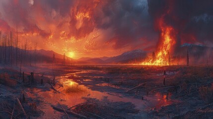 A wildfire area beginning to regrow, representing renewal and the fight against climate change on a pastel landscape. - obrazy, fototapety, plakaty