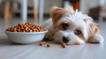 A sick small cute dog lies on the floor with bowl of dry food and refuses to eat. There is no appetite, pet health, veterinarian consultation, clinic, pet care, animal doctor - obrazy, fototapety, plakaty