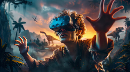 A guy wearing virtual reality goggles immersed in a world before historical dinosaurs reaches out to flying butterflies and enjoys the virtual world