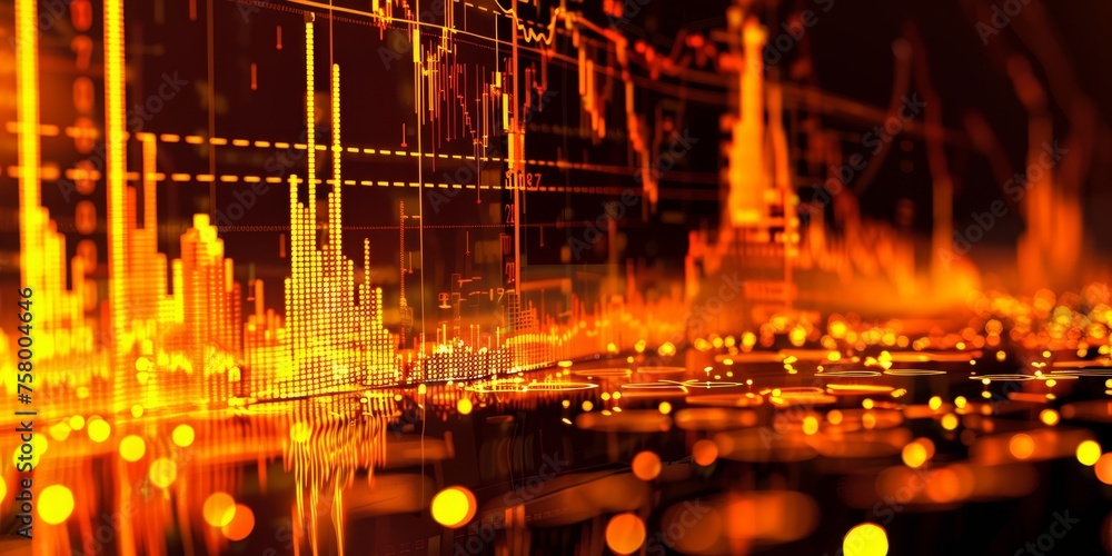 Poster a computer screen shows a graph of a stock market with a lot of orange lines