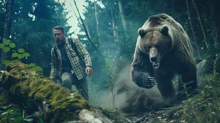 Grizzly bear attack the man in the forest © Andrii