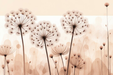 Wallpaper with dandelions flowers in neutral monochrome color palette.