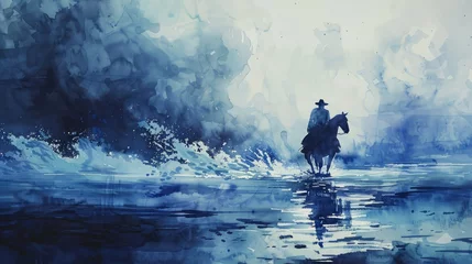 Fotobehang Man Riding Horse in Water © Famahobi