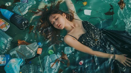Beautiful young woman in ocean with plastic trash. Pollution concept
