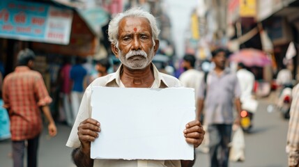 Indian older man standing alone on the crowded street, serious face, holding blank protest sign - obrazy, fototapety, plakaty