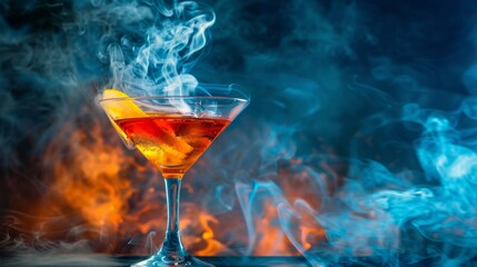 Cocktail with orange and smoke on dark background. Copy space.