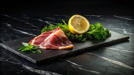 Sliced Prosciutto with Fresh Arugula on Dark Stone Background
