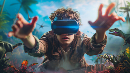 A guy wearing virtual reality goggles immersed in a world before historical dinosaurs reaches out...