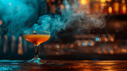 Alcohol cocktail drink with ice and smoke.
