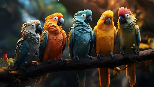 Exotic and Colorful Parrots Perched on a Branch. Seamless Looping 4k Video Animation Background