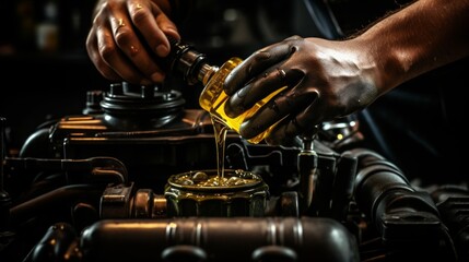 Skillful mechanic changing engine oil as part of regular vehicle maintenance service - obrazy, fototapety, plakaty