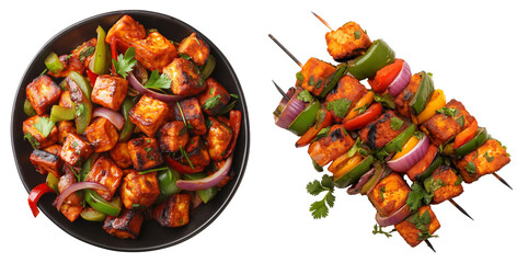 Set of Paneer Tikka at skewers in a black bowl, isolated top view on transparent background. Paneer tikka is an indian cuisine dish with grilled paneer cheese with vegetables and spices.