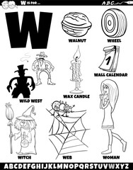 Letter W set with cartoon objects and characters coloring page