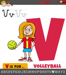 letter V from alphabet with cartoon illustration of volleyball sport