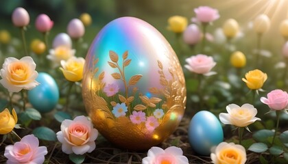 Big Easter egg on the rose garden art illustration, AI generated