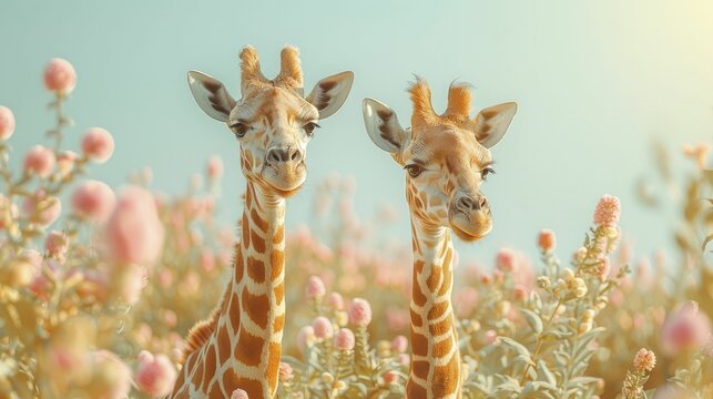 Giraffes, both male and female, extend to grasp leaves under a serene pastel sky, embodying progress and parity.