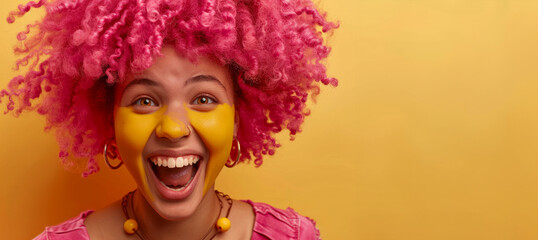 Young excited happy teen African American woman girl female student colourful make up dyed curly pink hair screaming looking at camera positive shouting expression indoors background. Youth creativity - obrazy, fototapety, plakaty