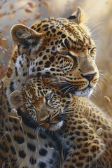 Leopards, male and female, in a tender moment with a pastel savannah background, portraying strength and equality.