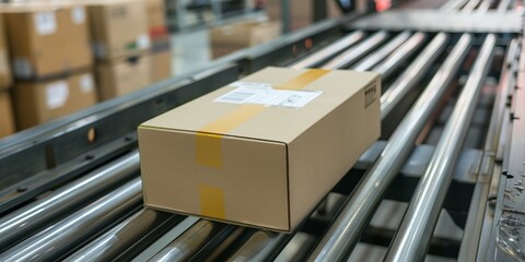 A brown cardboard box is sitting on a conveyor belt in a factory