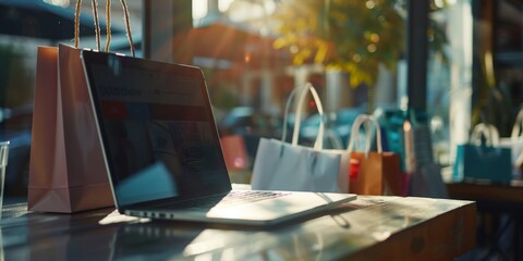 A laptop is open on a table with shopping bags next to it - obrazy, fototapety, plakaty