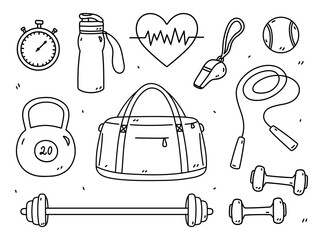 Set of fitness doodles - dumbbells, kettlebell, barbell, jump rope, stopwatch, sport bag and others. Sports equipment.Vector hand-drawn illustration isolated on white background. Healthy lifestyle. - obrazy, fototapety, plakaty