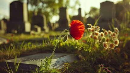 Red poppy growing on the graveyard with tombstones