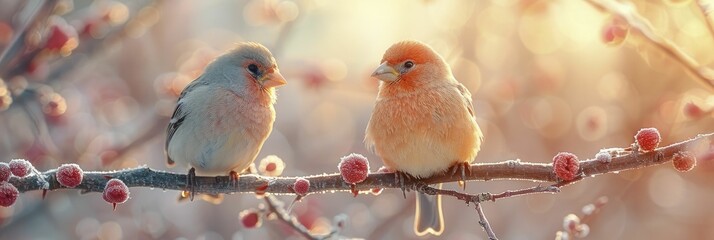 Fototapeta premium Male and female finches perched on a branch against a soft sky, promoting harmony and equality through their song.