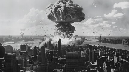 Nuclear bomb explosion in New York City. Black and White Picture - obrazy, fototapety, plakaty
