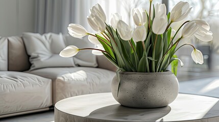 a round concrete coffee table adorned with large white tulips in a vase, bathed in natural light, inspired by the aesthetic.