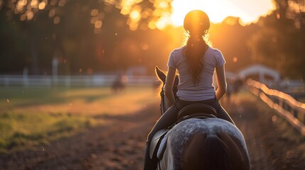 A woman is riding a horse in a field with the sun shining on her - obrazy, fototapety, plakaty