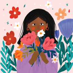 flowers girl background illustration, flower design ,digital  illustration,