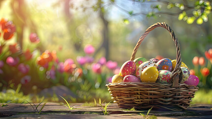a basket full of colorful easter eggs placed on an old wooden table in the garden - obrazy, fototapety, plakaty